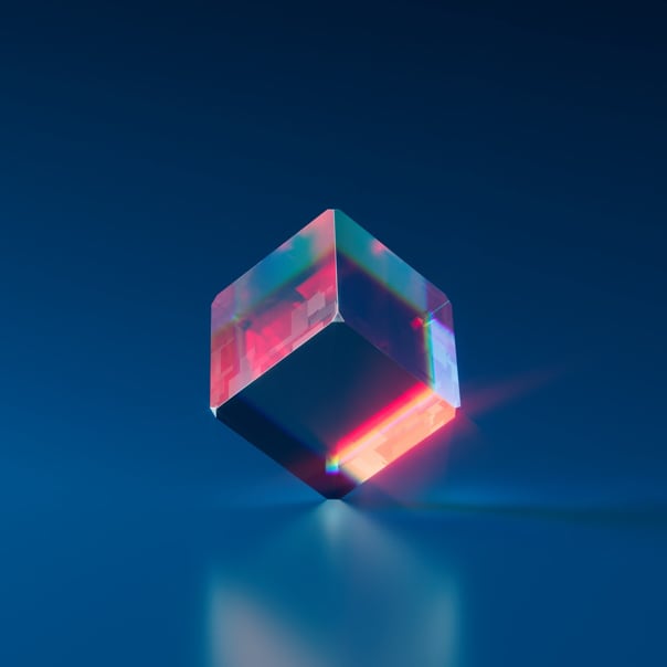 A transparent cube standing on one corner